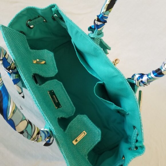 NWOT! Woven Jute Tote Handbag Purse with Scarf Handle and Lockable Front Straps - Picture 9 of 14